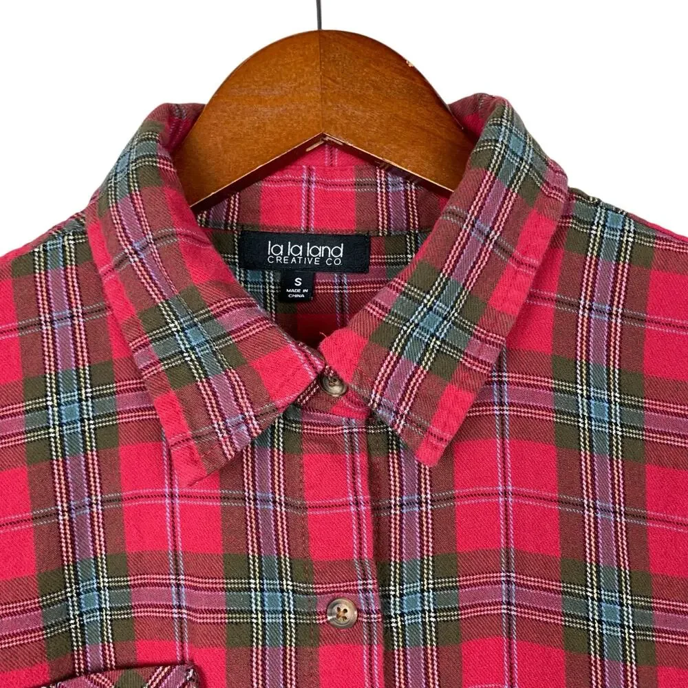 La La Land Creative Co Flannel Shirt Red Plaid Bleached Back Graphic Women's S - Picture 3 of 7